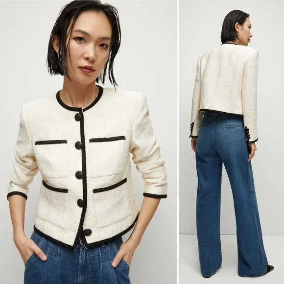 VERONICA BEARD Darla Jacquard Contrast Trim Jacket Size 10 Ivory Black - Picture 1 of 16